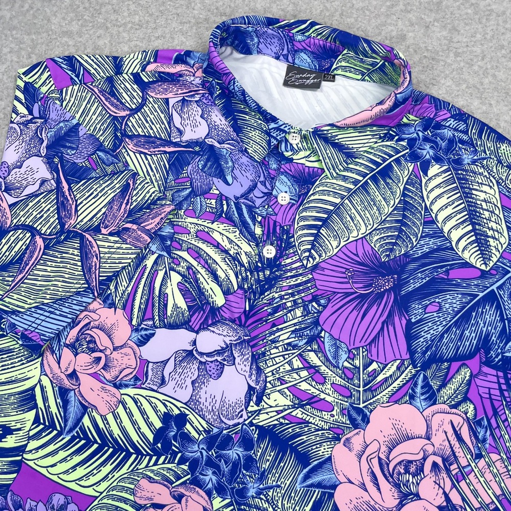Sunday Swagger Polo Shirt Mens 2XL Purple Floral Performance Tropical Golf Ibiza